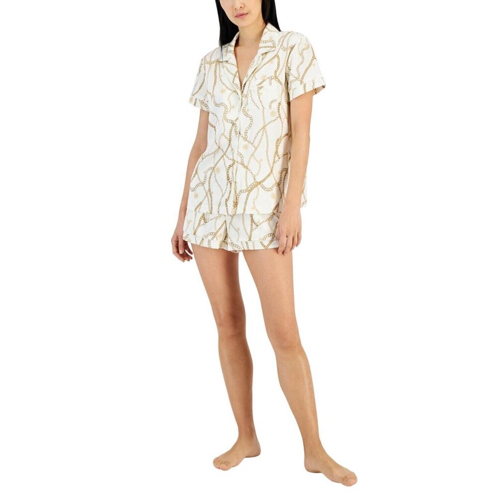 NWT INC International Concepts Chain-Print Pajama Set Woven Celia Chain White L
